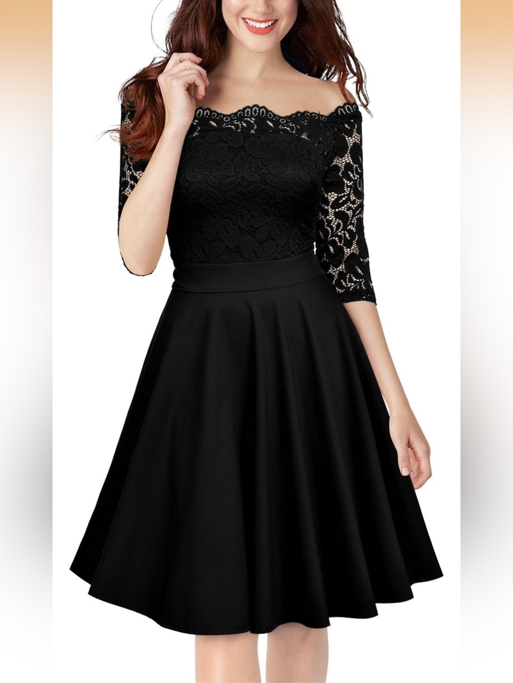 MISSMAY Women's Vintage Floral Lace Half Sleeve Off Shoulder Formal Swing Dress